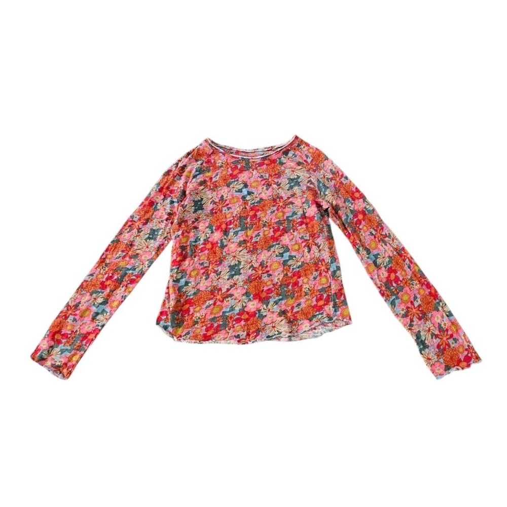 Natural Life Womens XS Floral Long Sleeve Crew Neck Top Multi Color Lettuce Hem